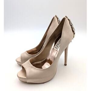 Badgley Mischka Kiara Women's Embellished Peep Toe Heel Pump Latte US5.5 EU36